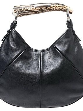 Yves Saint Laurent Black Leather Shoulder Bag with Natural Handle